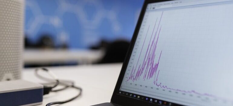 A laptop screen that shows a flactuating graph.
