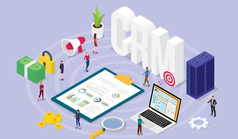 CRM concept with team of people and financial admin tasks.