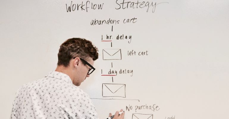 A person drawing a workflow chart on a blackboard.
