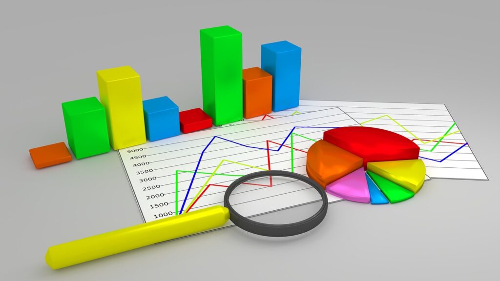 A 3D illustration of different types of reporting charts.