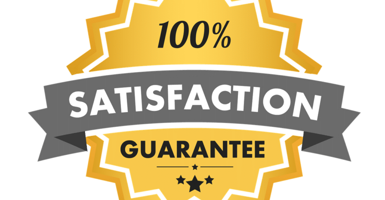 A badge showing 100% satisfaction guaranteed.