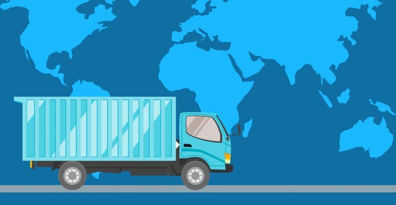 An illustration of the map of the world and a blue truck in the front.