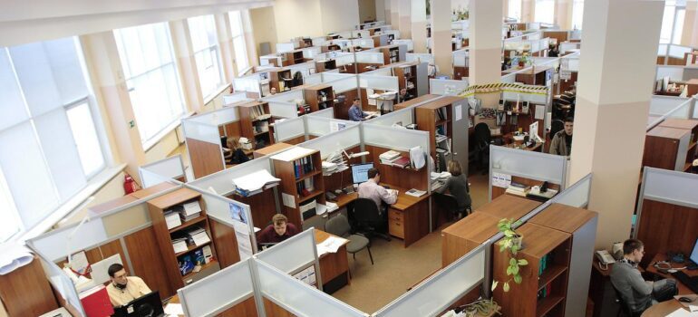 An office with cubicles.