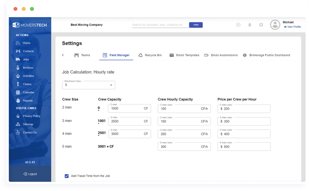 MoversTech integrated price calculator used to generate cube sheets